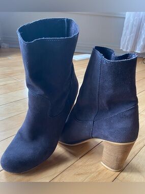 Suede Mid-Calf Ankle Boots in Deep Navy with Stacked Heel